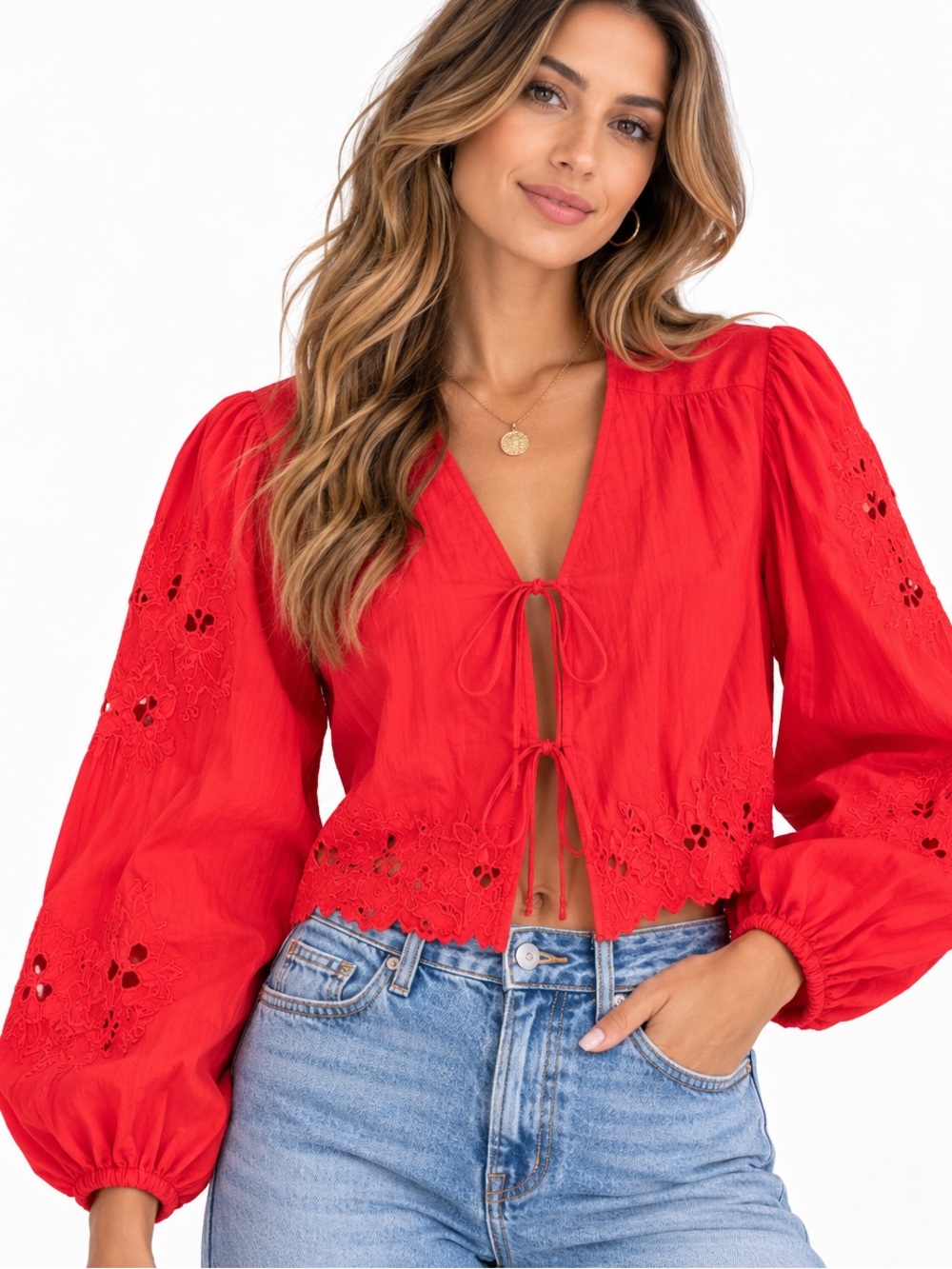 086. New  Embroidered Red Tie-Front Eyelet Peasant Top  cotton